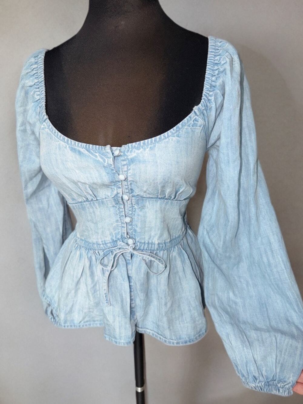 Aerie Chambray Peplum Blouse XS Tie Front Puff Sleeve NWT
